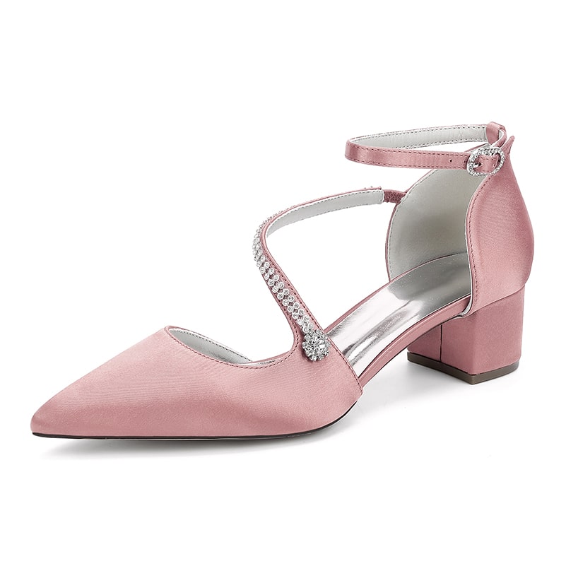 Satin Wedding Shoes Chunky Heel Bridal Heels Crossing Straps Dress Shoes