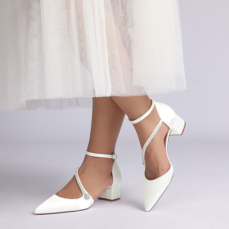 Satin Wedding Shoes Chunky Heel Bridal Heels Crossing Straps Dress Shoes