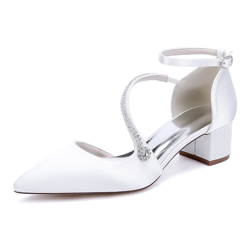 Satin Wedding Shoes Chunky Heel Bridal Heels Crossing Straps Dress Shoes
