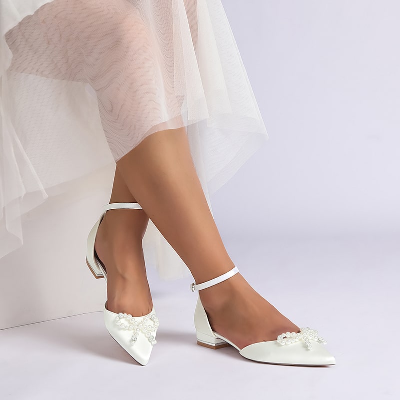 Satin Wedding Flat Bridal Shoes Bow-knot Ankle Straps Shoes