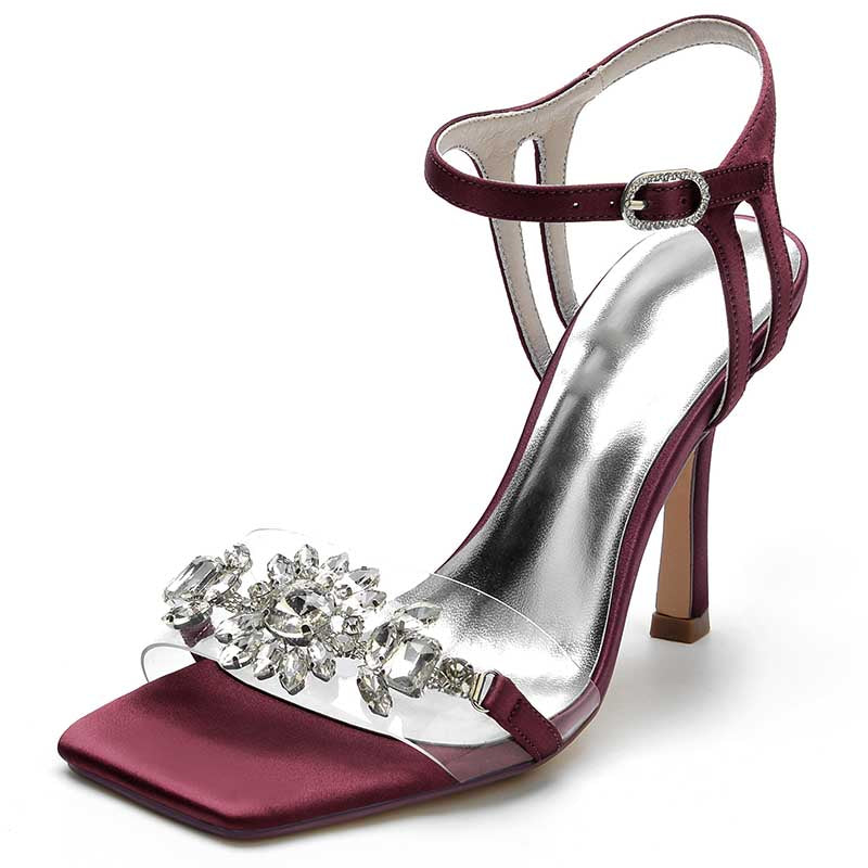 3.74" Satin Wedding Shoes Open Toe Stiletto Prom Sandals With Rhinestones