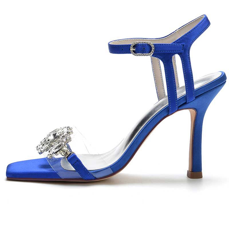 3.74" Satin Wedding Shoes Open Toe Stiletto Prom Sandals With Rhinestones