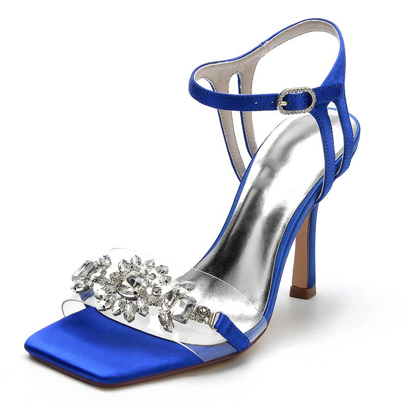 3.74" Satin Wedding Shoes Open Toe Stiletto Prom Sandals With Rhinestones