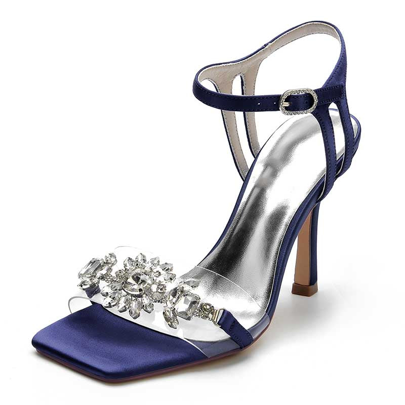 3.74" Satin Wedding Shoes Open Toe Stiletto Prom Sandals With Rhinestones