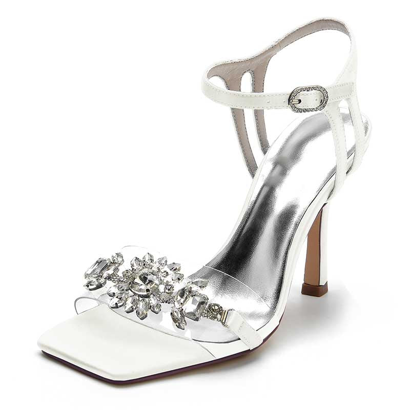 3.74" Satin Wedding Shoes Open Toe Stiletto Prom Sandals With Rhinestones
