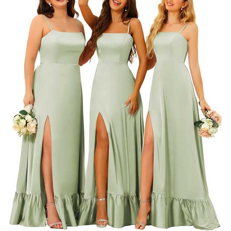 Spaghetti Straps Satin Bridesmaid Dresses High Slit Formal Aline Prom Dresses