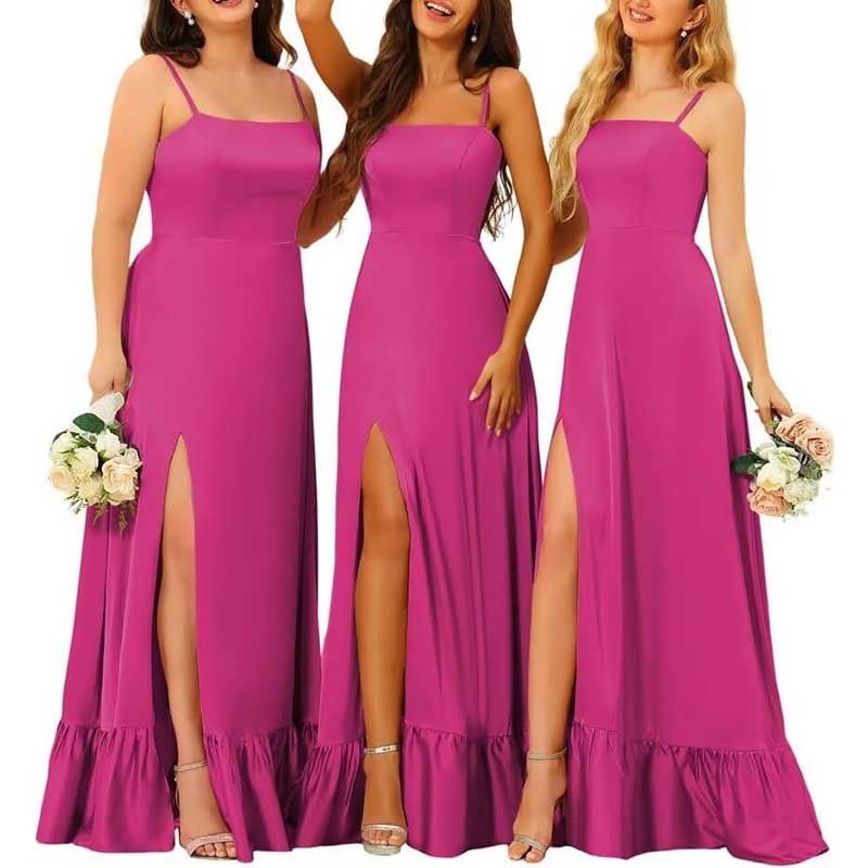Spaghetti Straps Satin Bridesmaid Dresses High Slit Formal Aline Prom Dresses