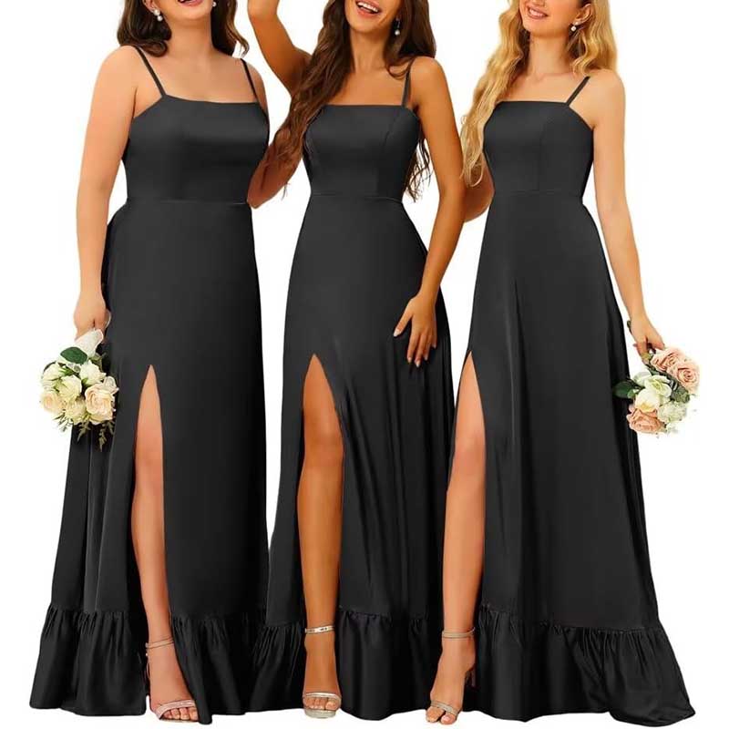 Spaghetti Straps Satin Bridesmaid Dresses High Slit Formal Aline Prom Dresses