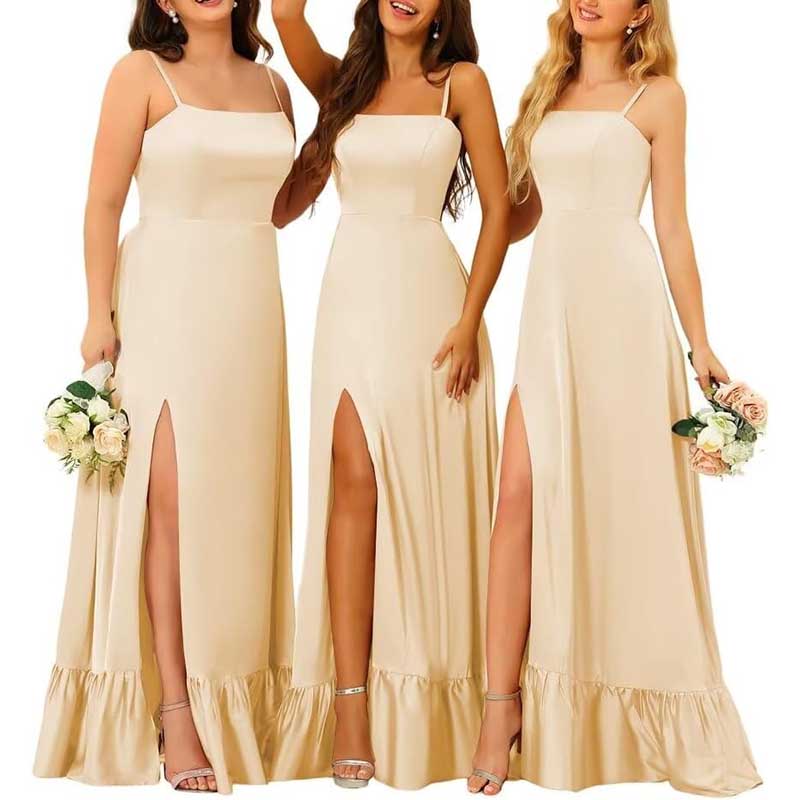 Spaghetti Straps Satin Bridesmaid Dresses High Slit Formal Aline Prom Dresses