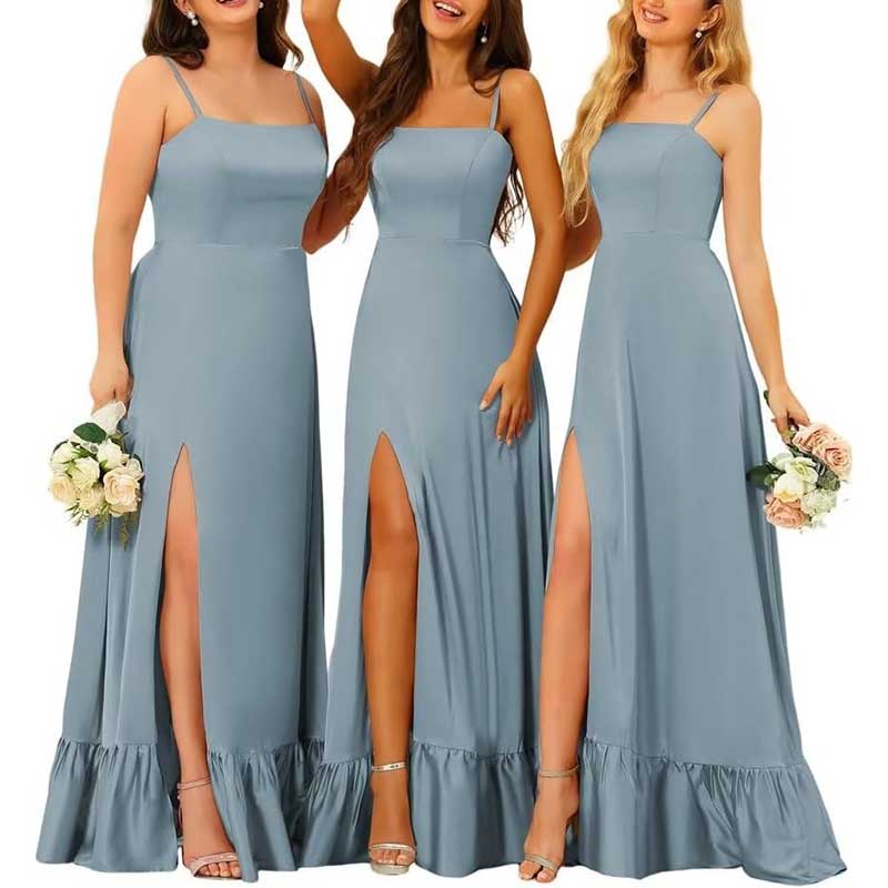 Spaghetti Straps Satin Bridesmaid Dresses High Slit Formal Aline Prom Dresses