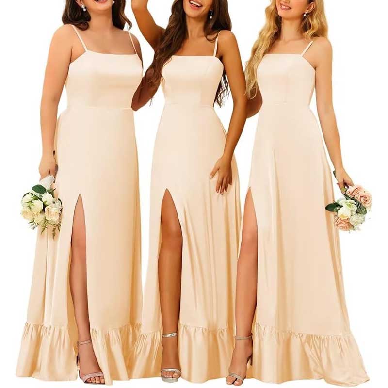 Spaghetti Straps Satin Bridesmaid Dresses High Slit Formal Aline Prom Dresses