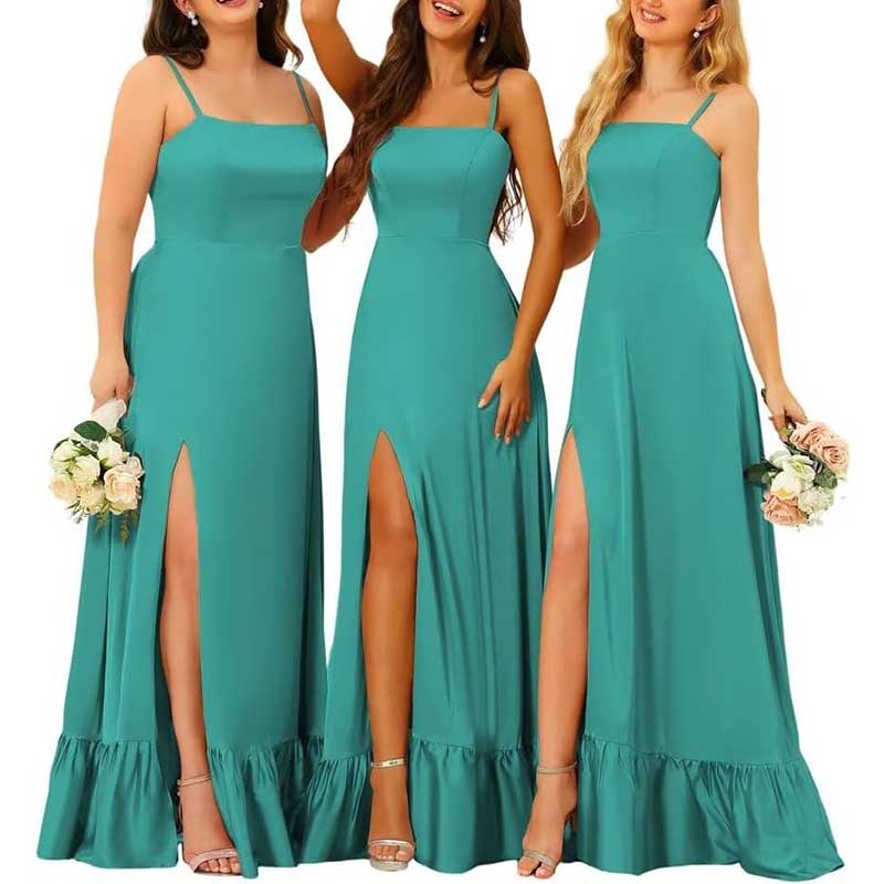 Spaghetti Straps Satin Bridesmaid Dresses High Slit Formal Aline Prom Dresses