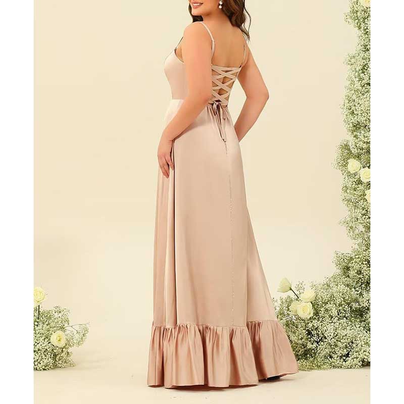 Spaghetti Straps Satin Bridesmaid Dresses High Slit Formal Aline Prom Dresses