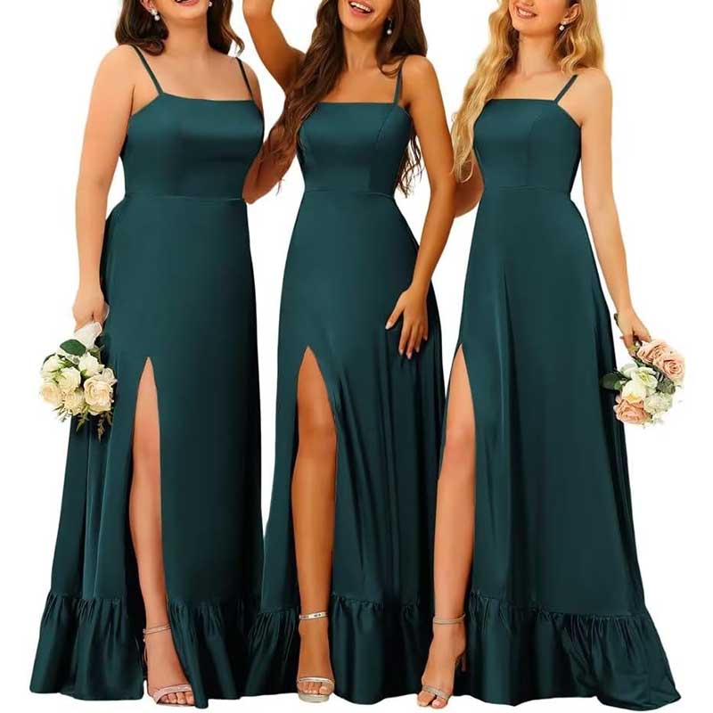 Spaghetti Straps Satin Bridesmaid Dresses High Slit Formal Aline Prom Dresses