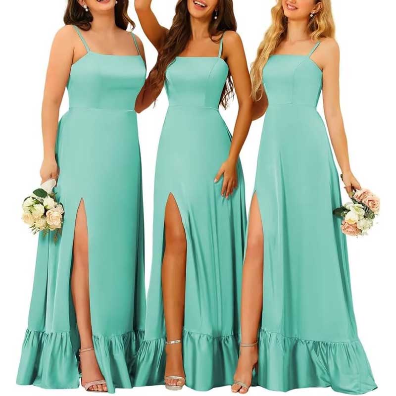 Spaghetti Straps Satin Bridesmaid Dresses High Slit Formal Aline Prom Dresses