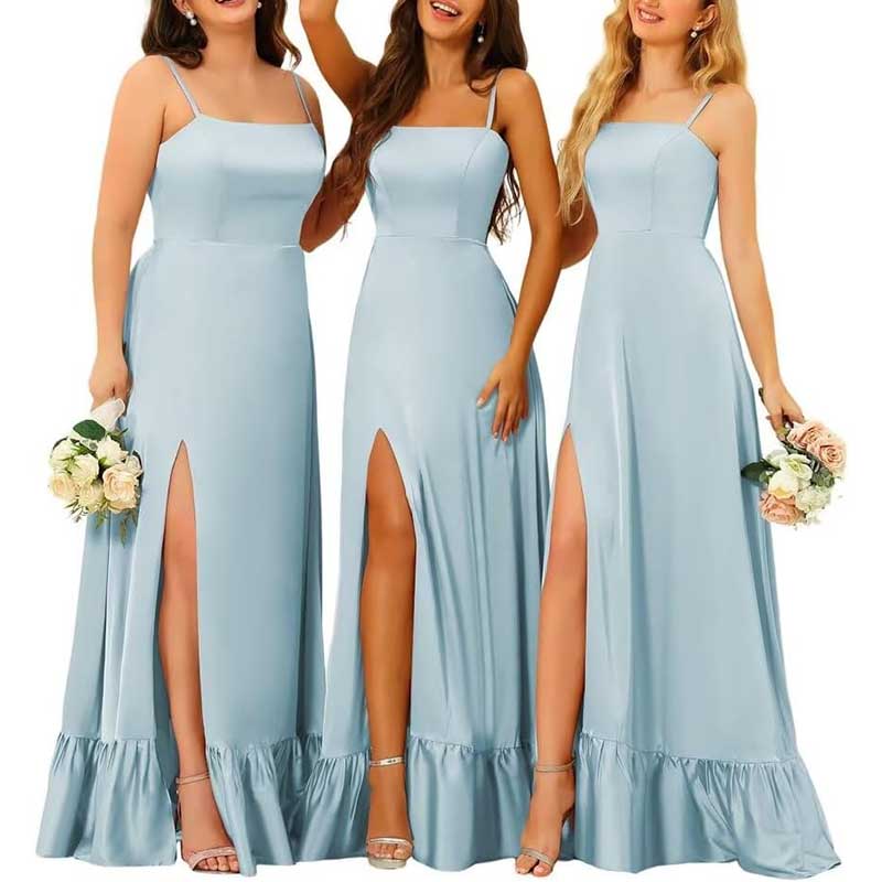 Spaghetti Straps Satin Bridesmaid Dresses High Slit Formal Aline Prom Dresses