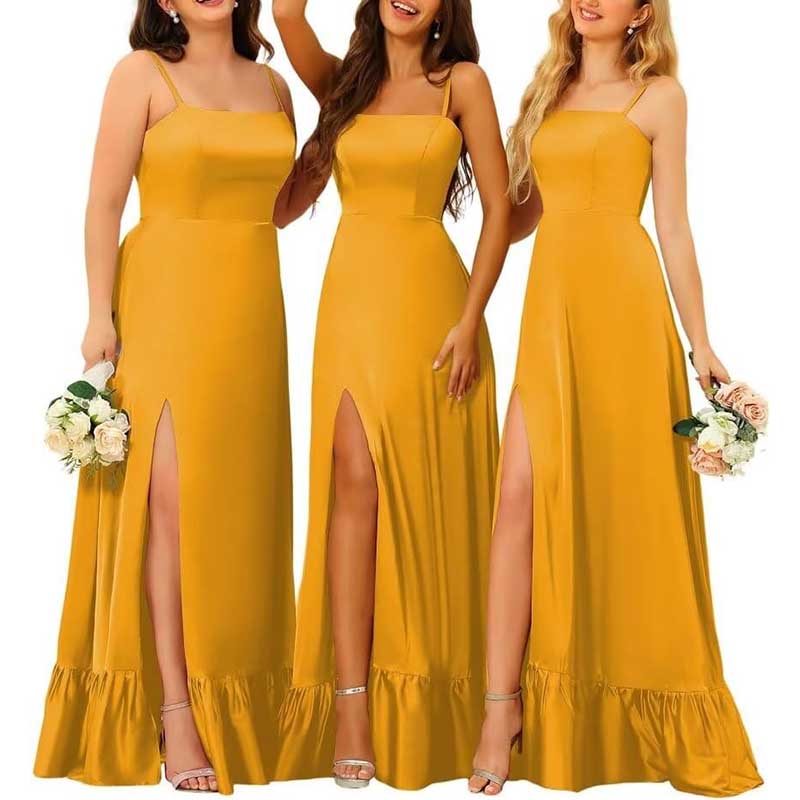 Spaghetti Straps Satin Bridesmaid Dresses High Slit Formal Aline Prom Dresses