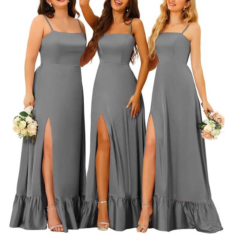 Spaghetti Straps Satin Bridesmaid Dresses High Slit Formal Aline Prom Dresses