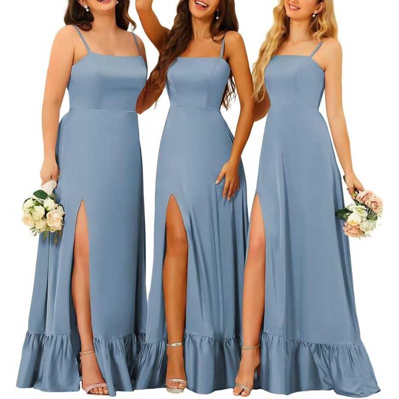 Spaghetti Straps Satin Bridesmaid Dresses High Slit Formal Aline Prom Dresses