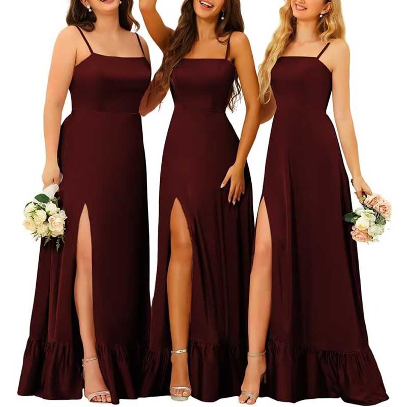 Spaghetti Straps Satin Bridesmaid Dresses High Slit Formal Aline Prom Dresses