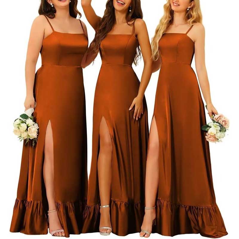 Spaghetti Straps Satin Bridesmaid Dresses High Slit Formal Aline Prom Dresses