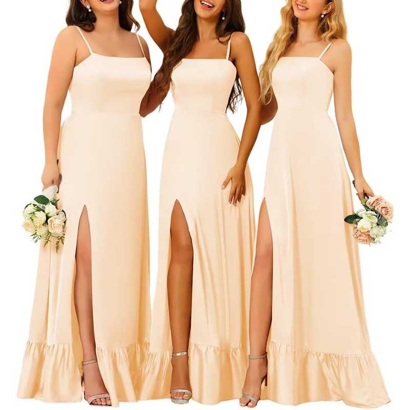 Spaghetti Straps Satin Bridesmaid Dresses High Slit Formal Aline Prom Dresses
