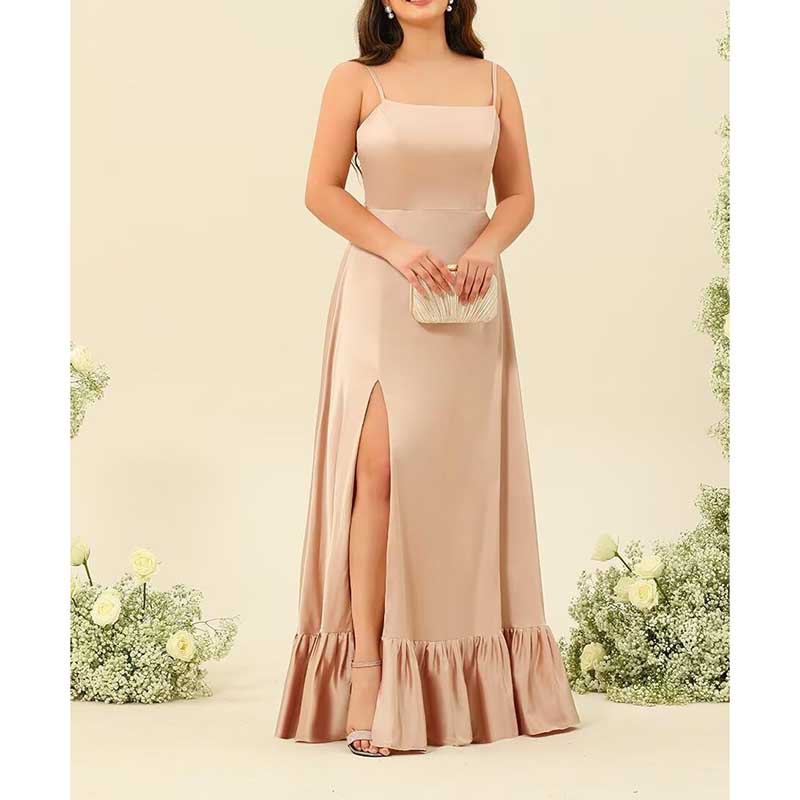 Spaghetti Straps Satin Bridesmaid Dresses High Slit Formal Aline Prom Dresses