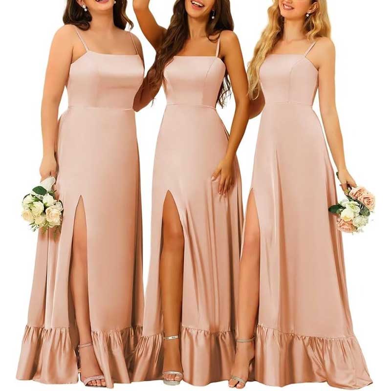 Spaghetti Straps Satin Bridesmaid Dresses High Slit Formal Aline Prom Dresses