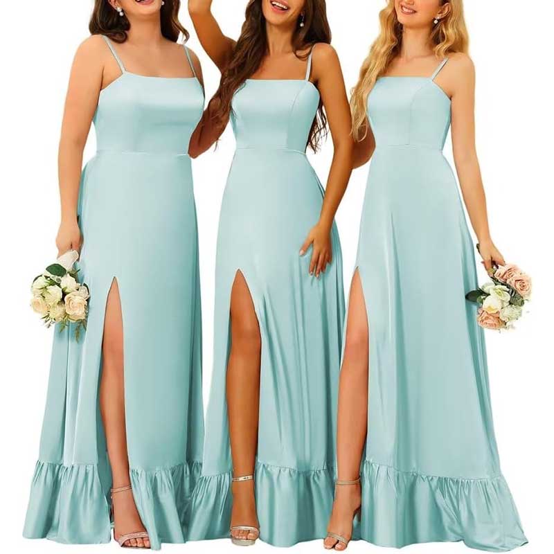 Spaghetti Straps Satin Bridesmaid Dresses High Slit Formal Aline Prom Dresses