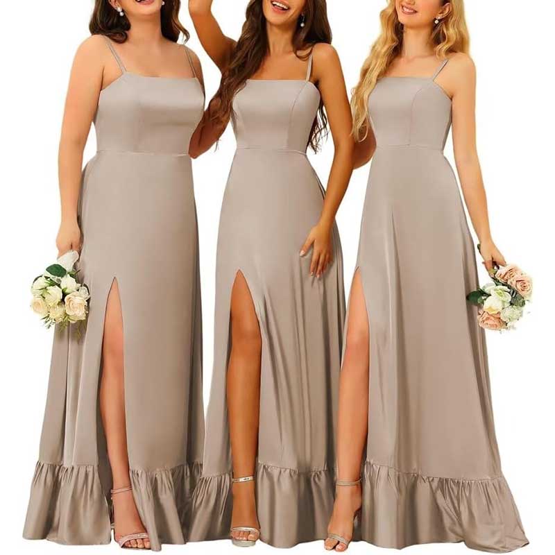 Spaghetti Straps Satin Bridesmaid Dresses High Slit Formal Aline Prom Dresses