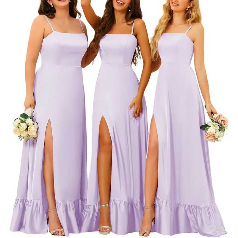 Spaghetti Straps Satin Bridesmaid Dresses High Slit Formal Aline Prom Dresses