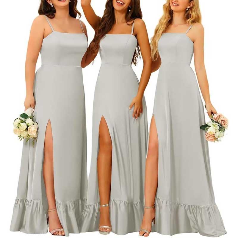 Spaghetti Straps Satin Bridesmaid Dresses High Slit Formal Aline Prom Dresses