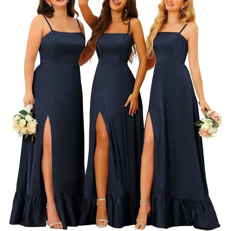 Spaghetti Straps Satin Bridesmaid Dresses High Slit Formal Aline Prom Dresses