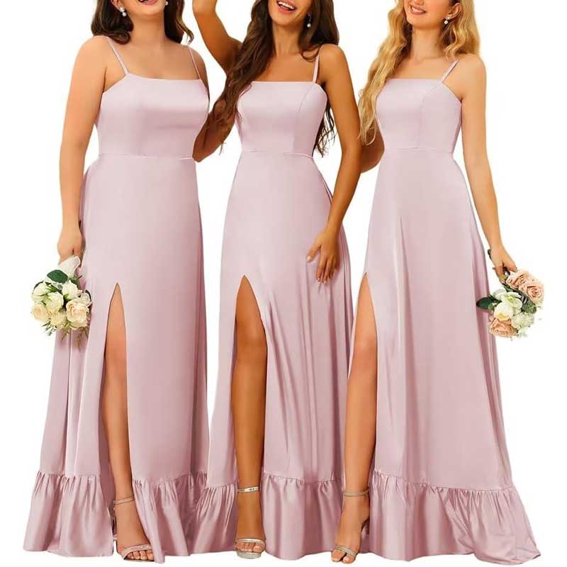 Spaghetti Straps Satin Bridesmaid Dresses High Slit Formal Aline Prom Dresses