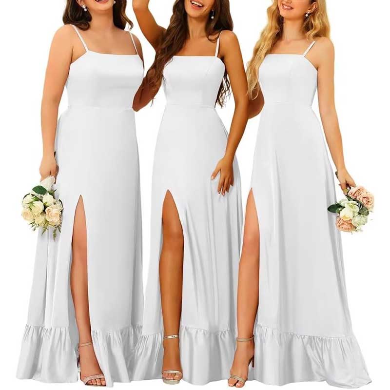 Spaghetti Straps Satin Bridesmaid Dresses High Slit Formal Aline Prom Dresses