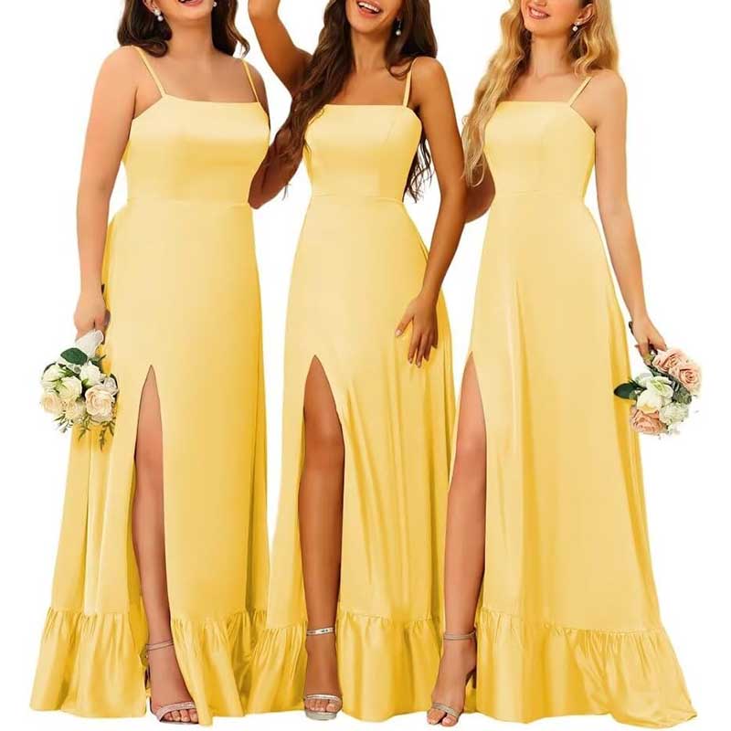 Spaghetti Straps Satin Bridesmaid Dresses High Slit Formal Aline Prom Dresses