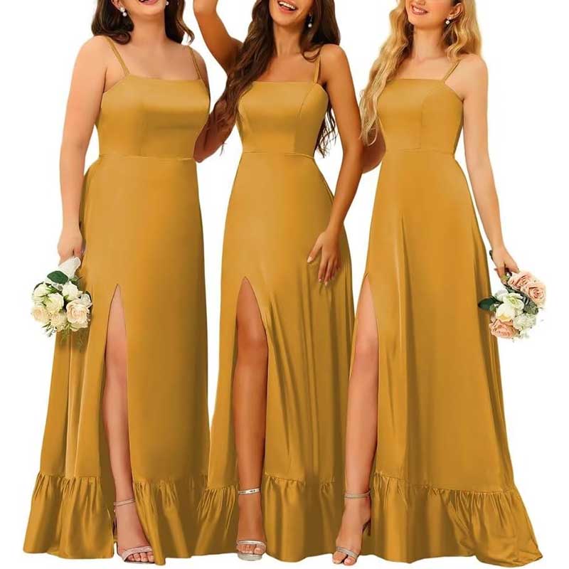 Spaghetti Straps Satin Bridesmaid Dresses High Slit Formal Aline Prom Dresses