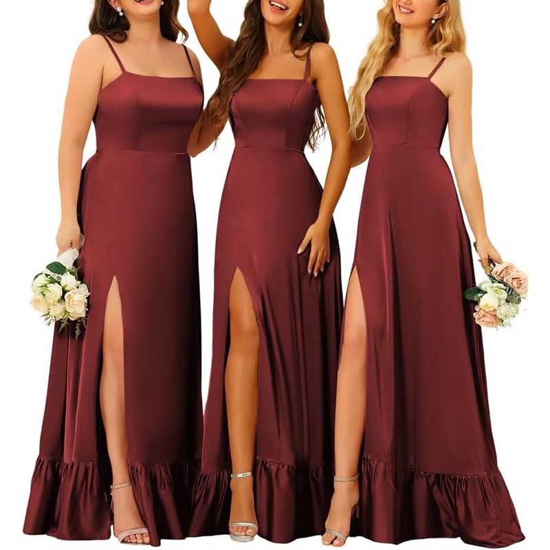 Spaghetti Straps Satin Bridesmaid Dresses High Slit Formal Aline Prom Dresses
