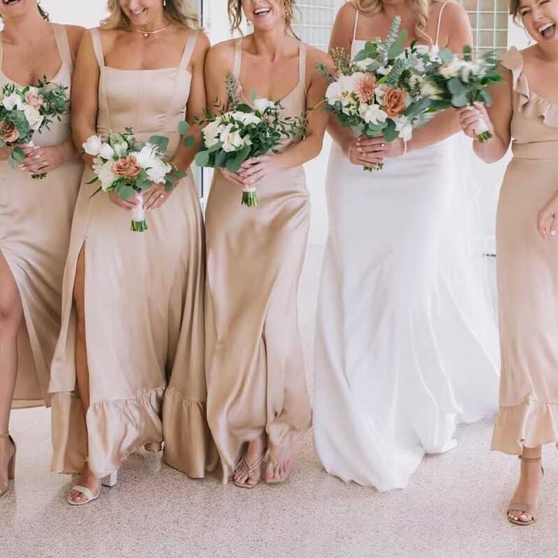 Spaghetti Straps Satin Bridesmaid Dresses High Slit Formal Aline Prom Dresses
