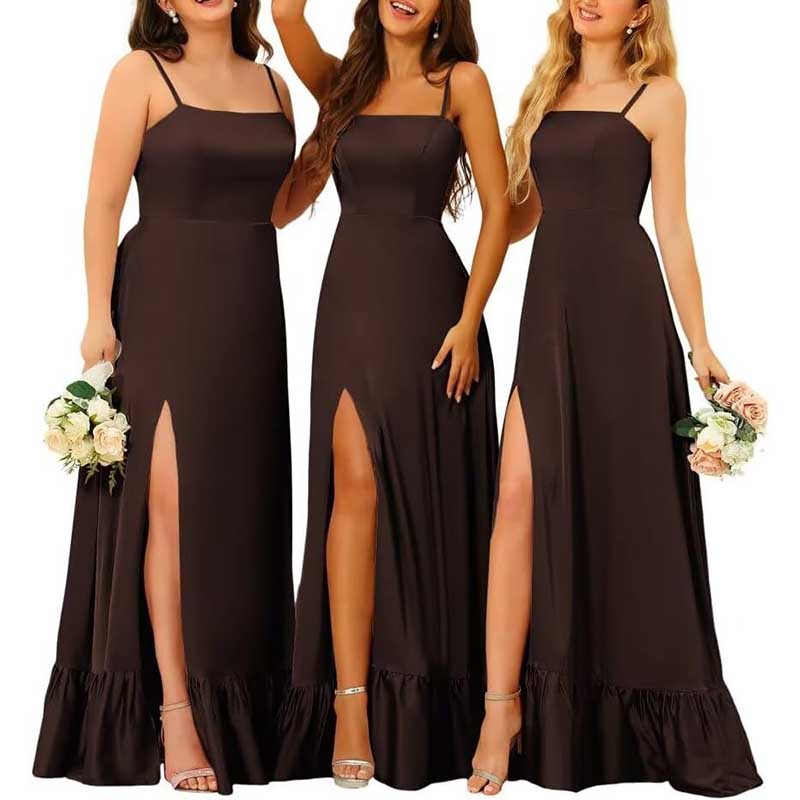 Spaghetti Straps Satin Bridesmaid Dresses High Slit Formal Aline Prom Dresses