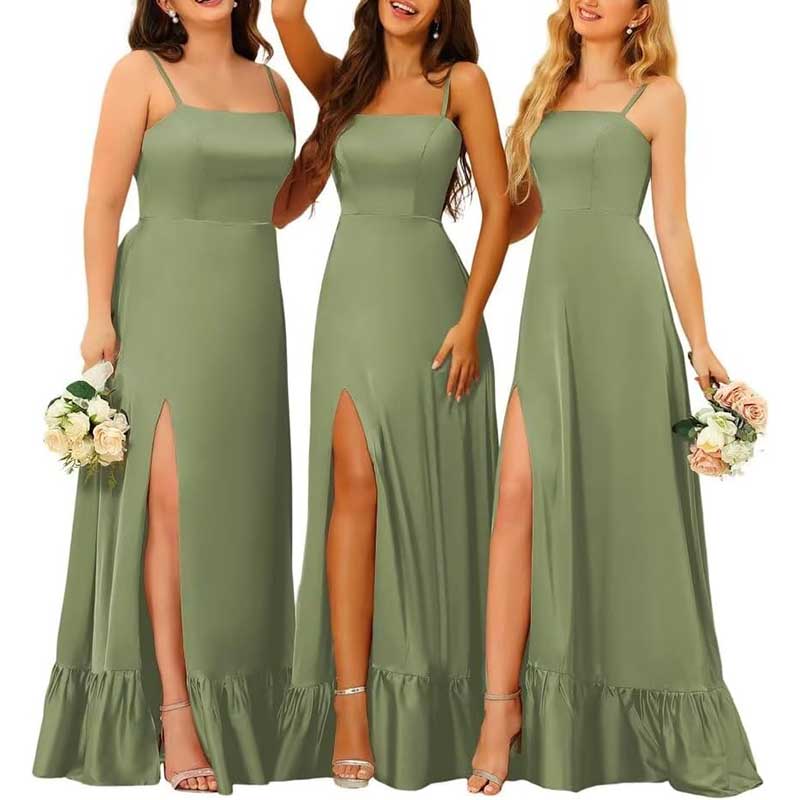 Spaghetti Straps Satin Bridesmaid Dresses High Slit Formal Aline Prom Dresses