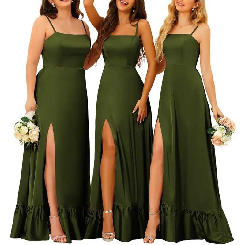 Spaghetti Straps Satin Bridesmaid Dresses High Slit Formal Aline Prom Dresses