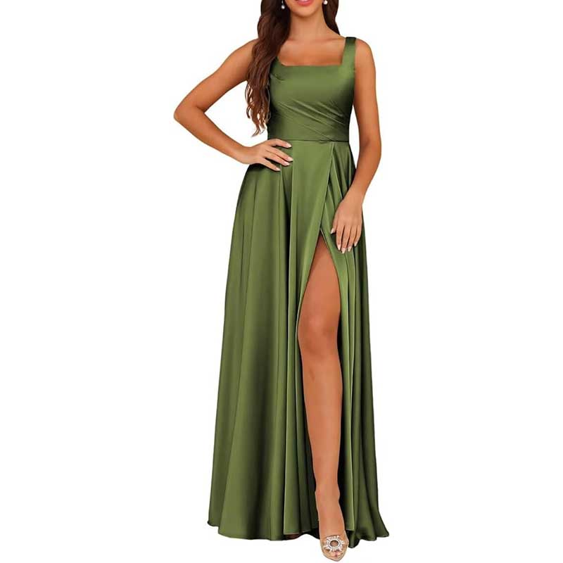 Spaghetti Straps Satin Bridesmaid Dresses Long A-line Wedding Ball Gowns