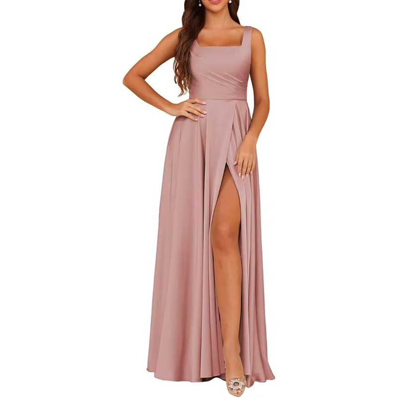 Spaghetti Straps Satin Bridesmaid Dresses Long A-line Wedding Ball Gowns