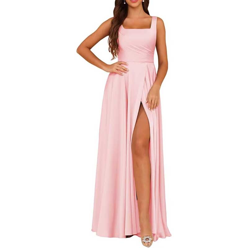 Spaghetti Straps Satin Bridesmaid Dresses Long A-line Wedding Ball Gowns