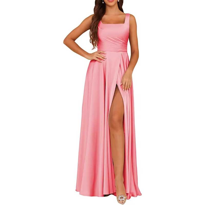 Spaghetti Straps Satin Bridesmaid Dresses Long A-line Wedding Ball Gowns