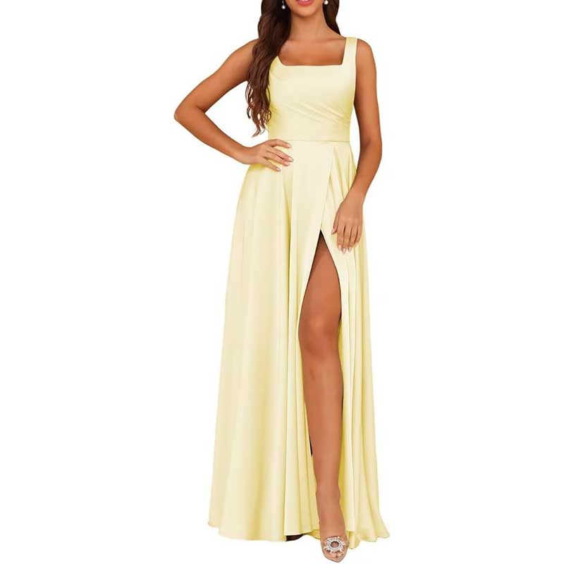 Spaghetti Straps Satin Bridesmaid Dresses Long A-line Wedding Ball Gowns
