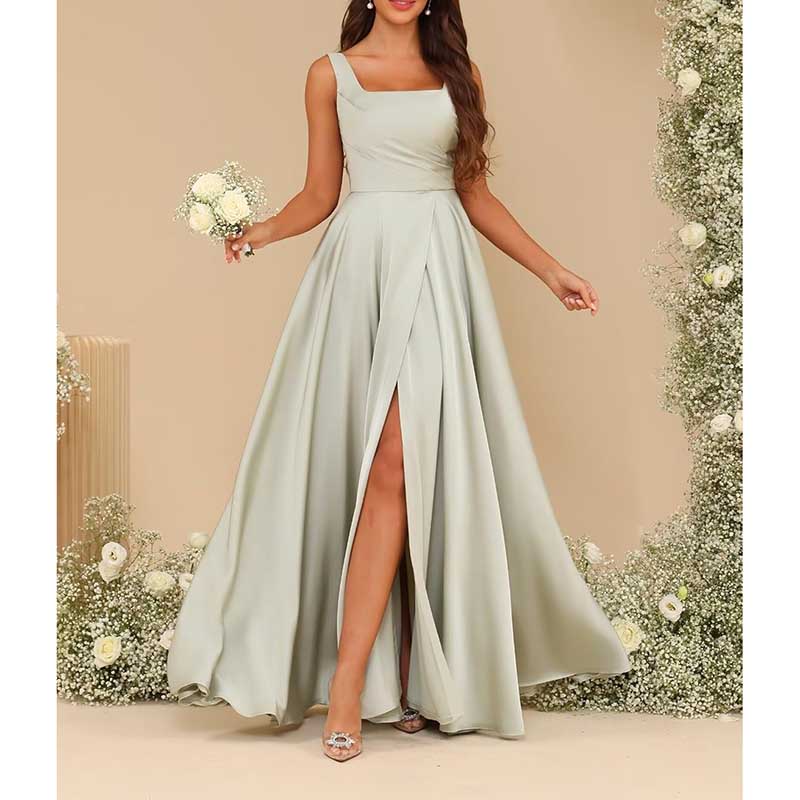 Spaghetti Straps Satin Bridesmaid Dresses Long A-line Wedding Ball Gowns