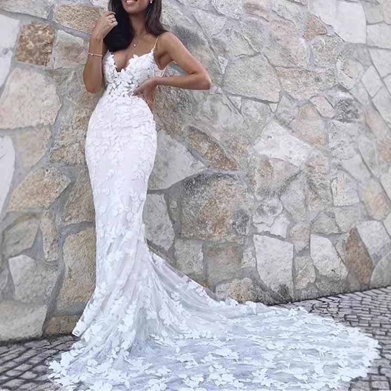 Spaghetti Straps Wedding Dress Backless Mermaid Appliques Bridal Dress