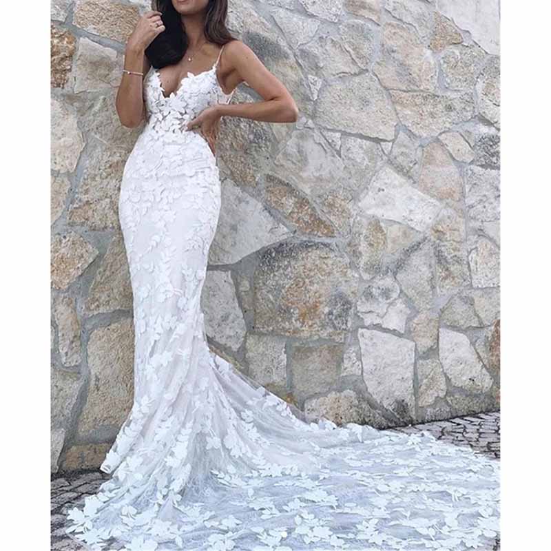 Spaghetti Straps Wedding Dress Backless Mermaid Appliques Bridal Dress